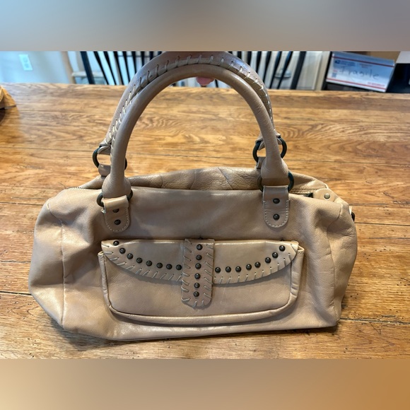 Regina Handbags - Buttery Tan Soft  Italian Leather Shoulder Slouchy Studded Y2K Baguette